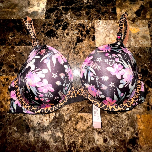 Victoria's Secret Black and Pink Bra with Leopard Trim SIZE 32C NWT - Picture 3 of 6